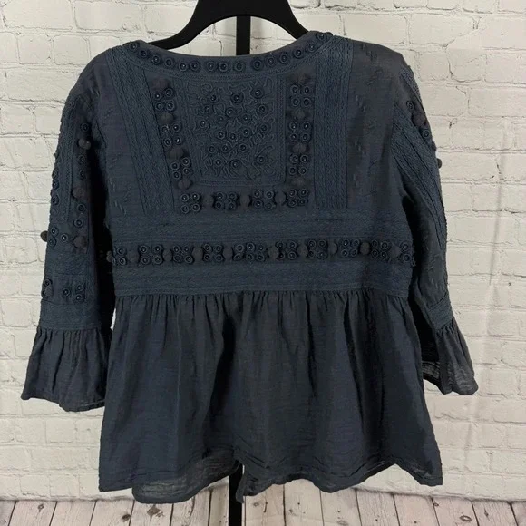Velvet Graham & Spencer Womens Beaded Embroidered Top Gray Cotton Size Small - Picture 2 of 9